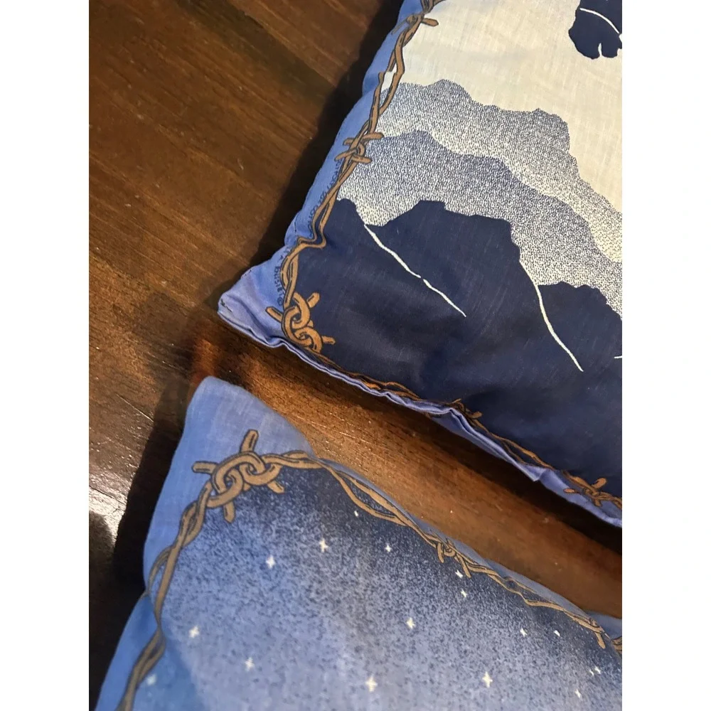 Vintage Western Cowboy Bucking Bronco Throw Pillows Blue Desert Silhouette Set‎